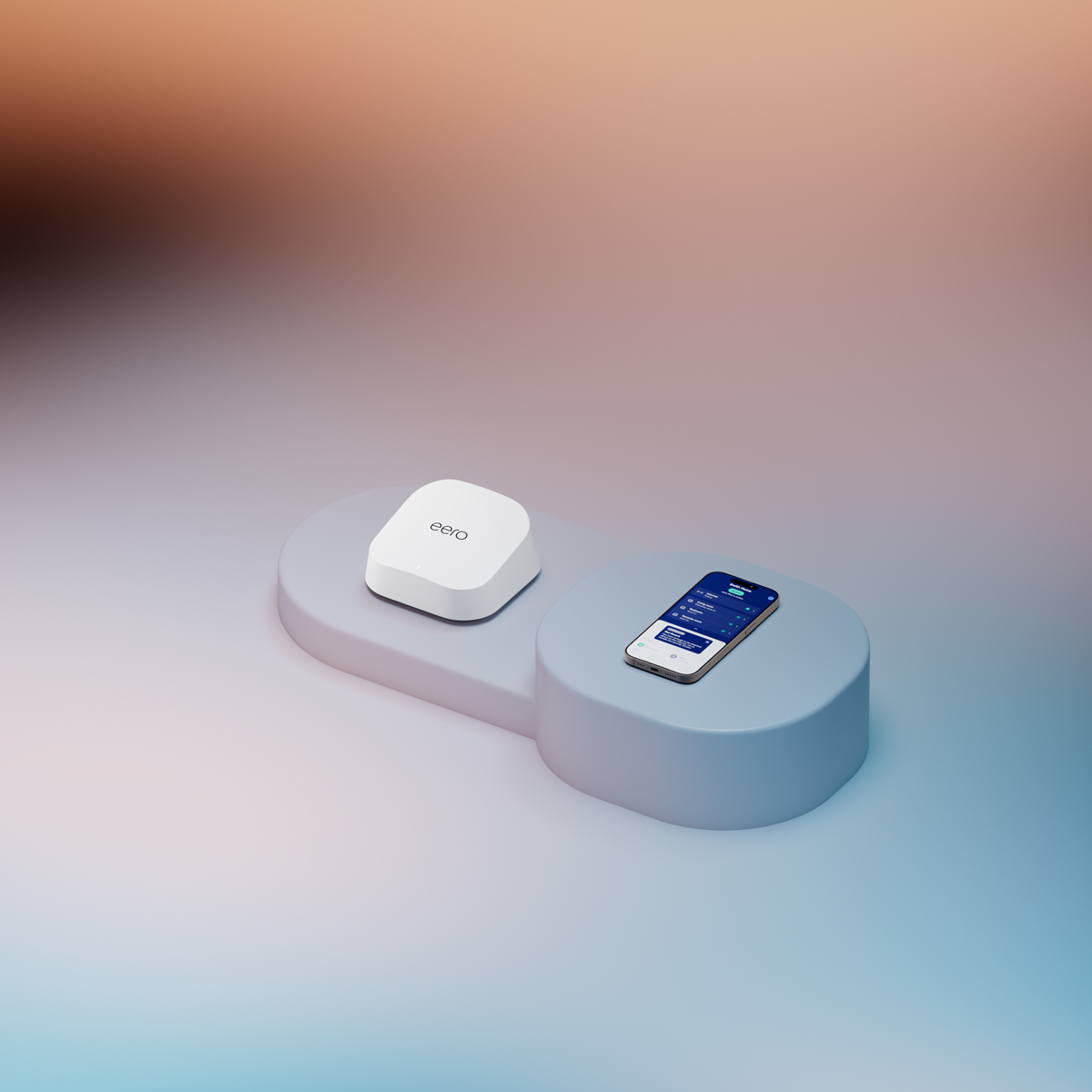 Un piccolo podio con due scalini, uno con sopra Amazon eero 7 e uno con uno smartphone con l'app eero aperta, lo sfondo è astratto